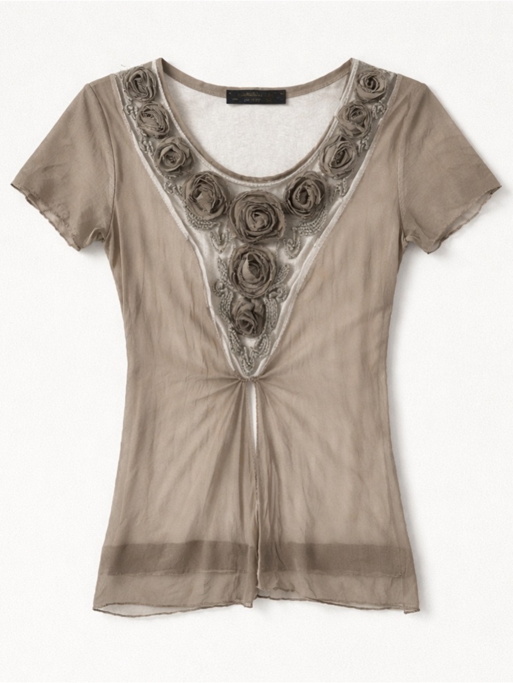 Blue Island Sheer Taupe Top – Rosette Trim Scoop Neck (Made in Italy)